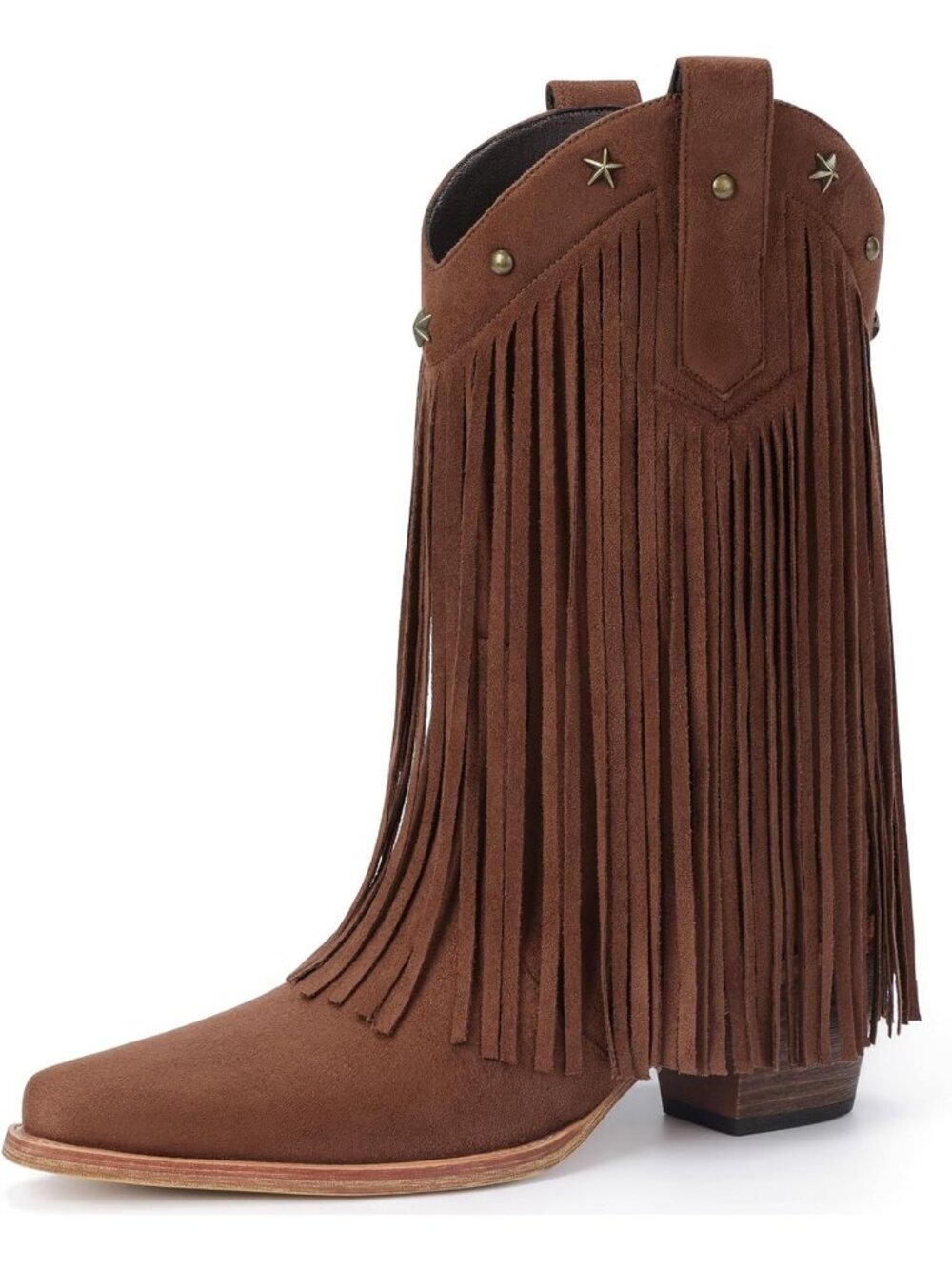 Women's Brown Cowgirl Mid Calf Star Studded Pointed Toe and Chunky Heel Boots